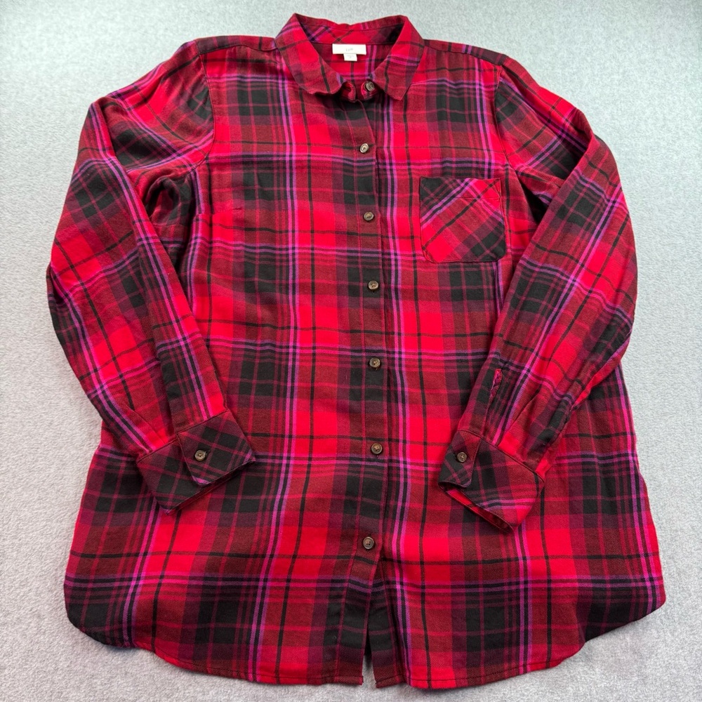 J.‎ Jill Plaid Flannel Top Women M Tall Red Button Up Tunic Relax Fit Cozy